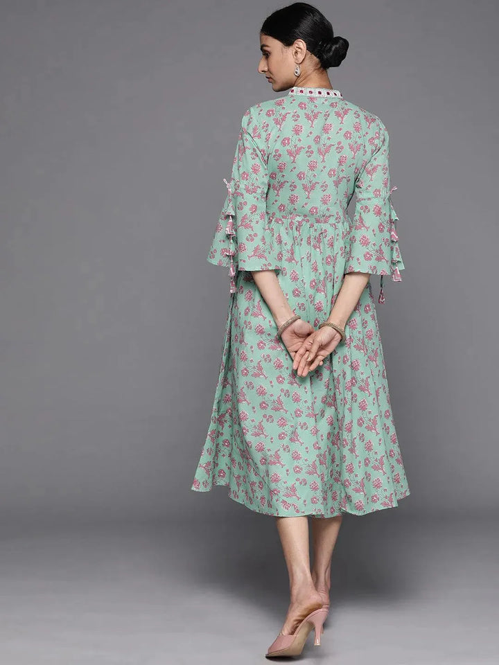 Sea Green Printed Cotton Dress - Libas