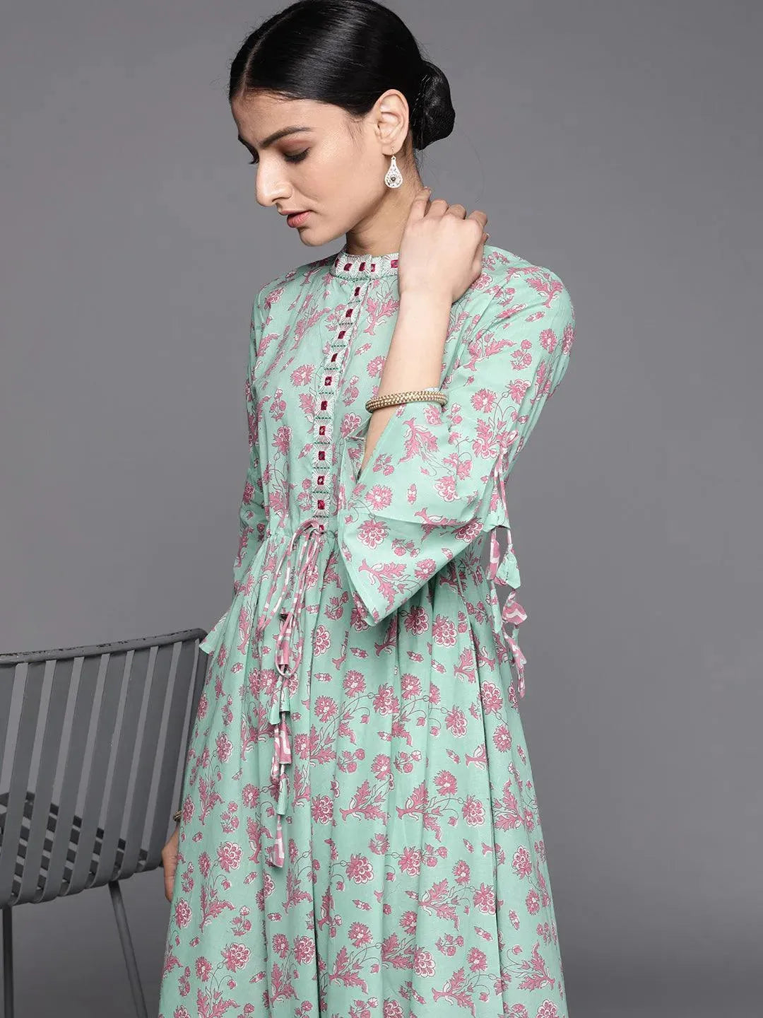 Sea Green Printed Cotton Dress - Libas 