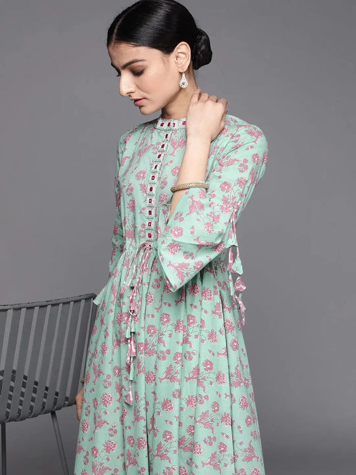 Sea Green Printed Cotton Dress - Libas