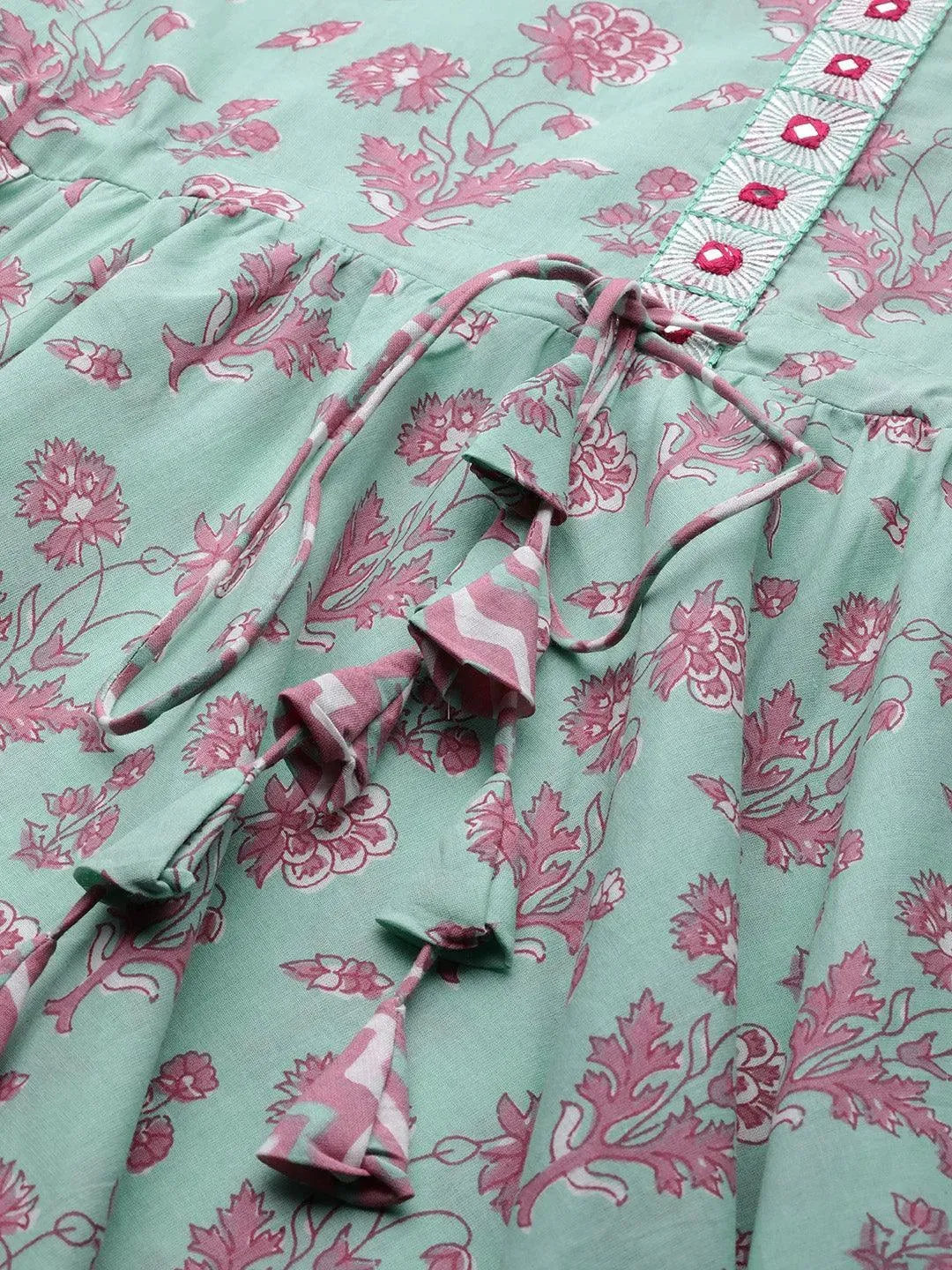 Sea Green Printed Cotton Dress - Libas 