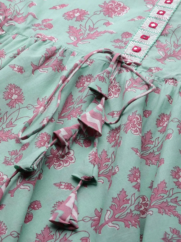Sea Green Printed Cotton Dress - Libas