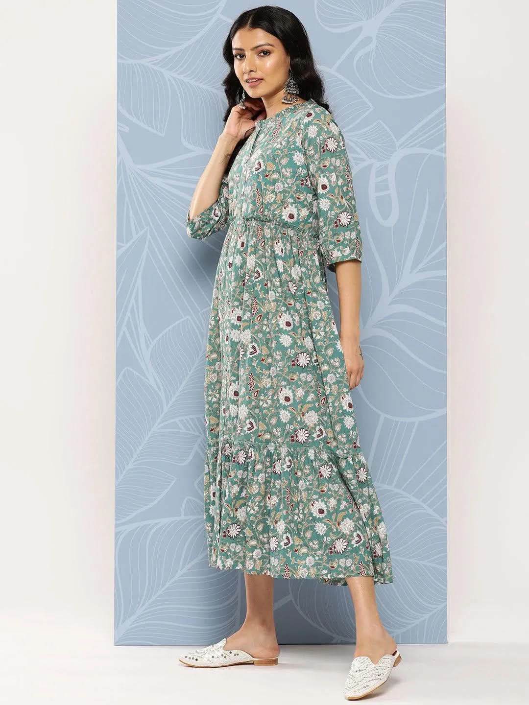 Sea Green Printed Cotton Fit and Flare Dress - Libas 