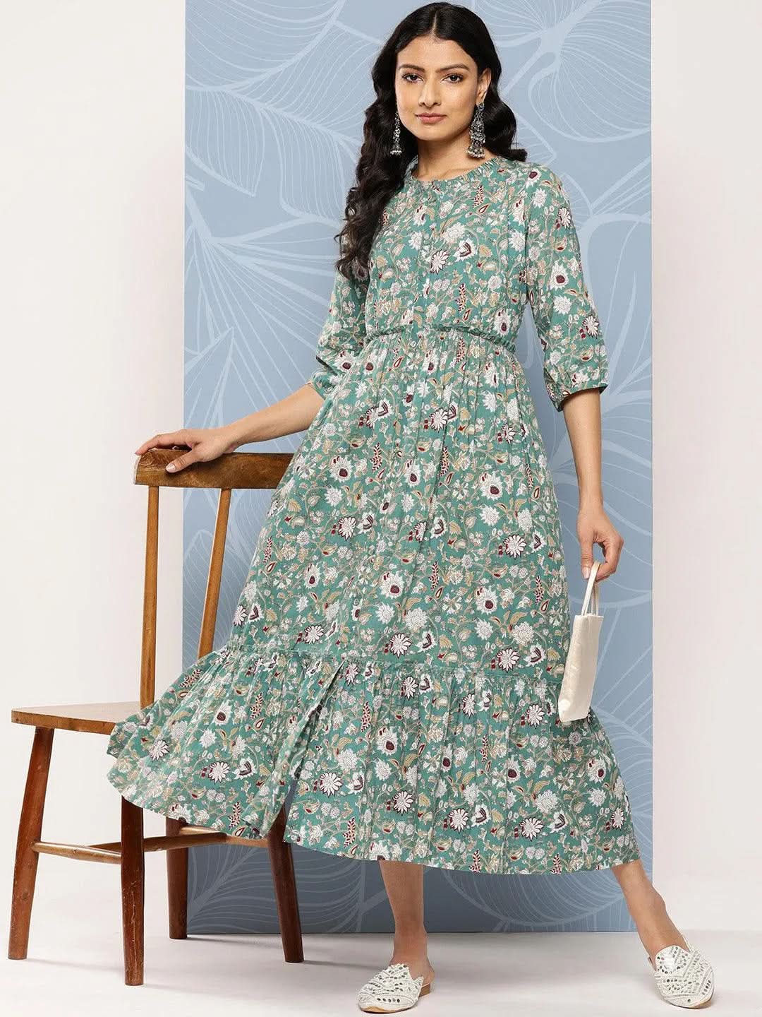 Sea Green Printed Cotton Fit and Flare Dress - Libas 