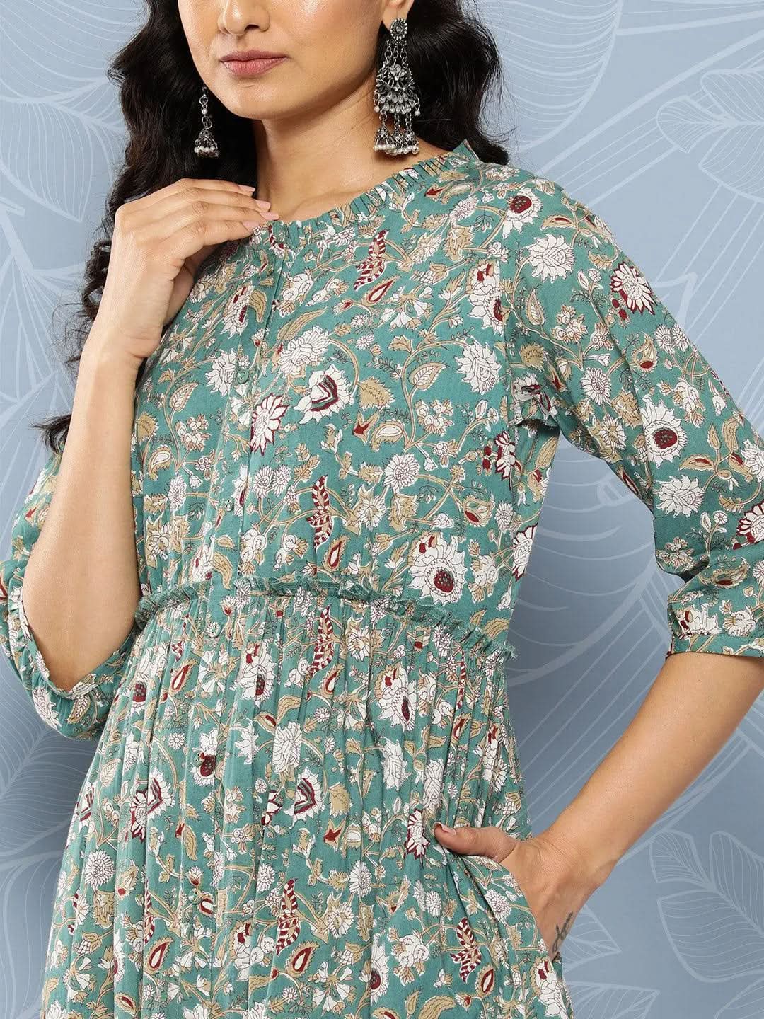 Sea Green Printed Cotton Fit and Flare Dress - Libas 