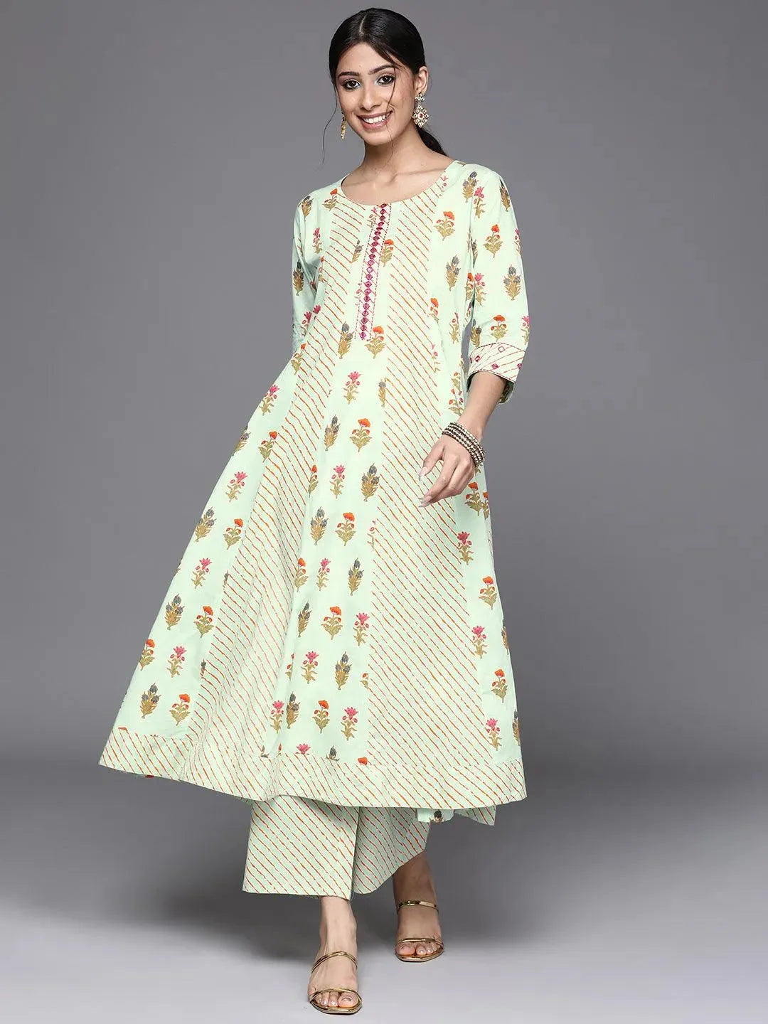 Sea Green Printed Cotton Kurta - Libas