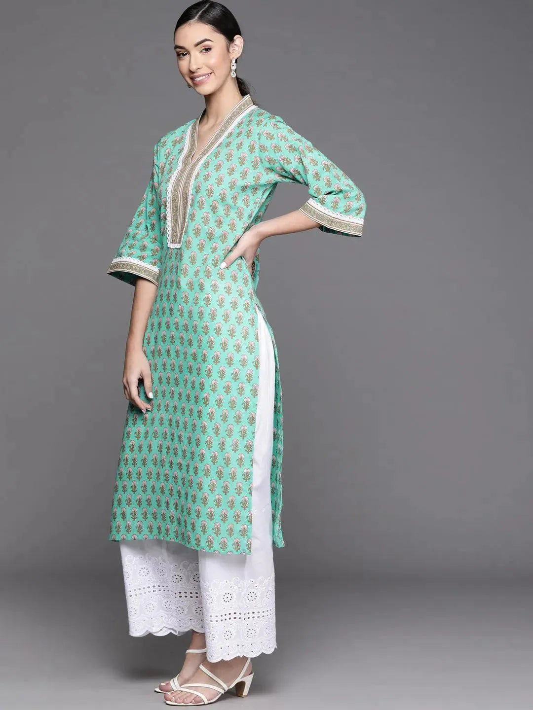 Sea Green Printed Cotton Kurta - Libas