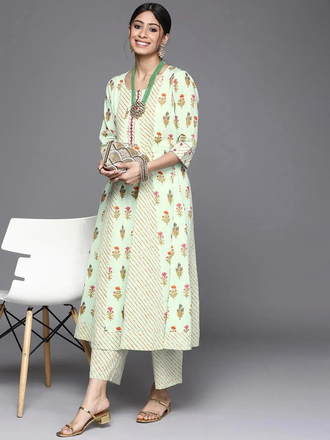 Sea Green Printed Cotton Kurta - Libas