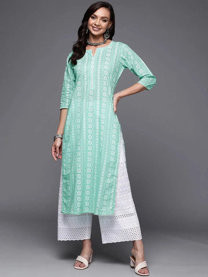 Sea Green Printed Cotton Straight Kurta - Libas