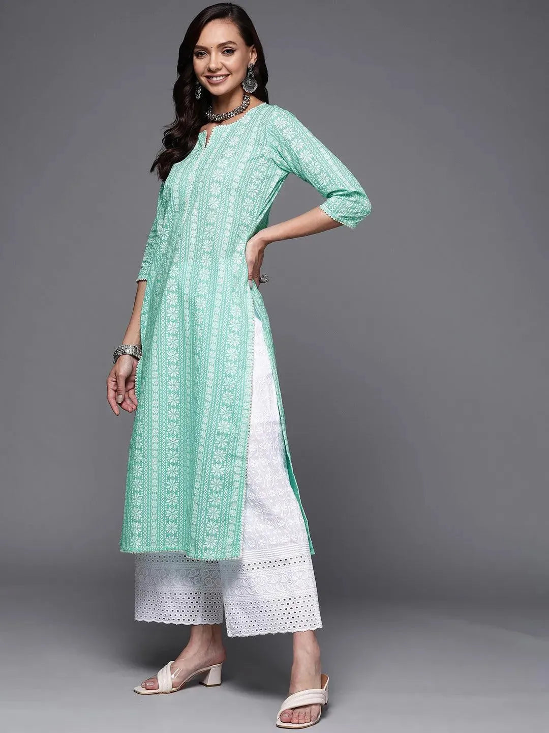 Sea Green Printed Cotton Straight Kurta - Libas 