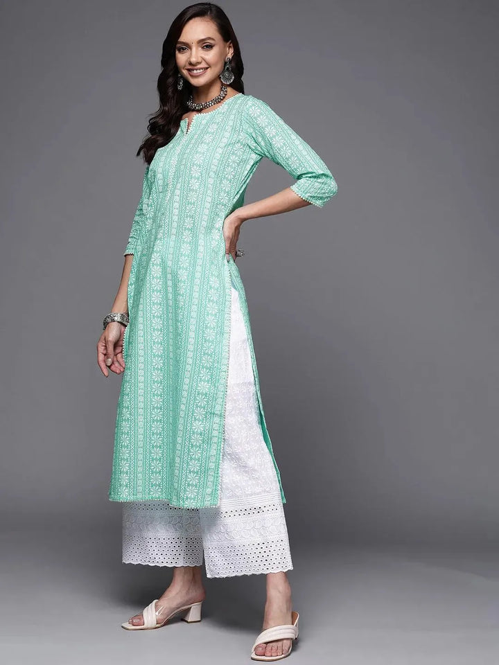 Sea Green Printed Cotton Straight Kurta - Libas