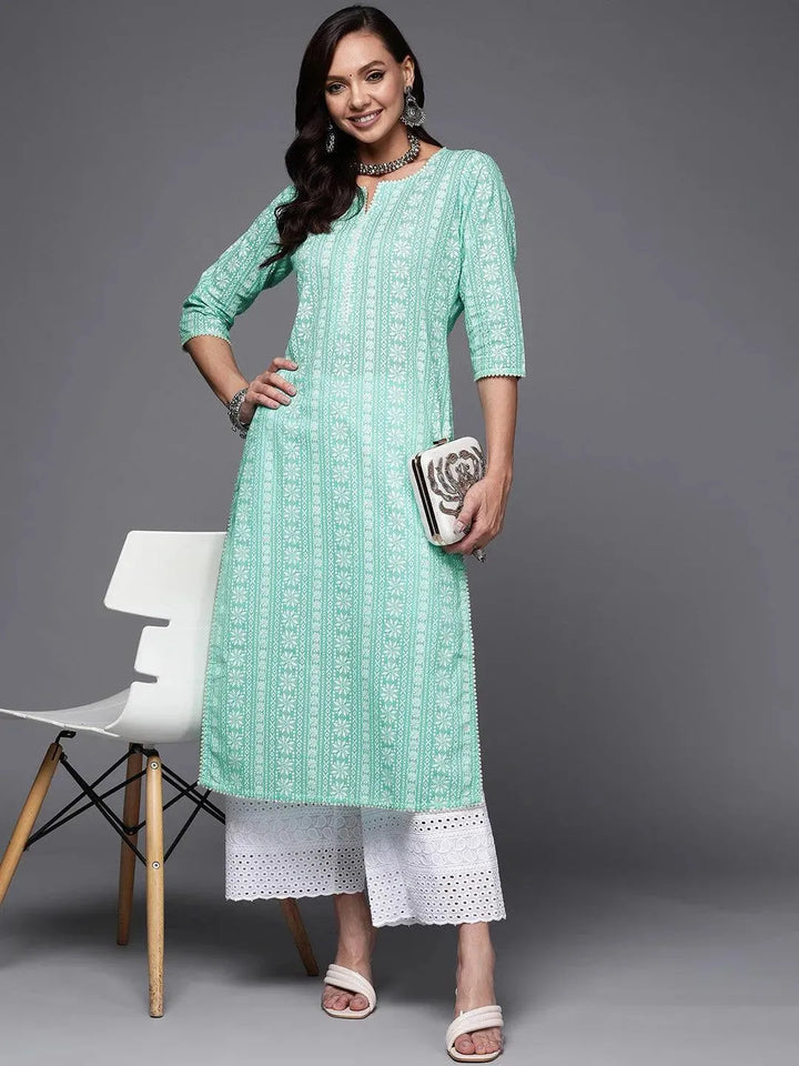 Sea Green Printed Cotton Straight Kurta - Libas