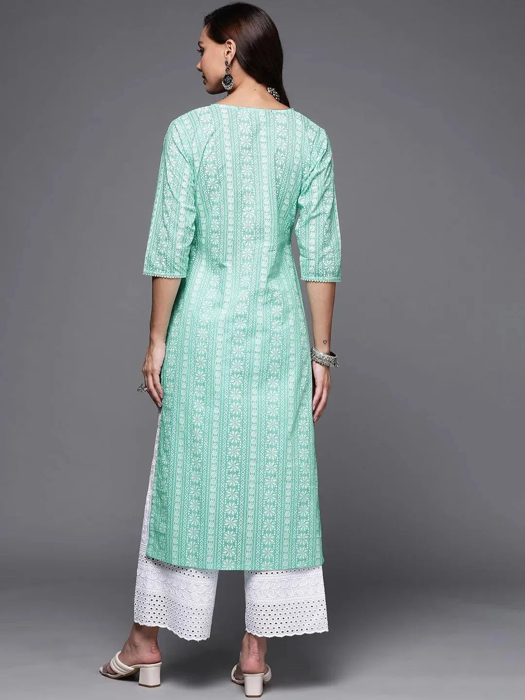 Sea Green Printed Cotton Straight Kurta - Libas