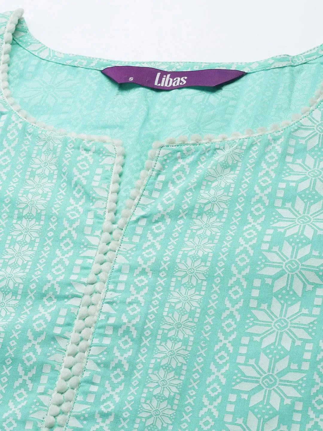 Sea Green Printed Cotton Straight Kurta - Libas