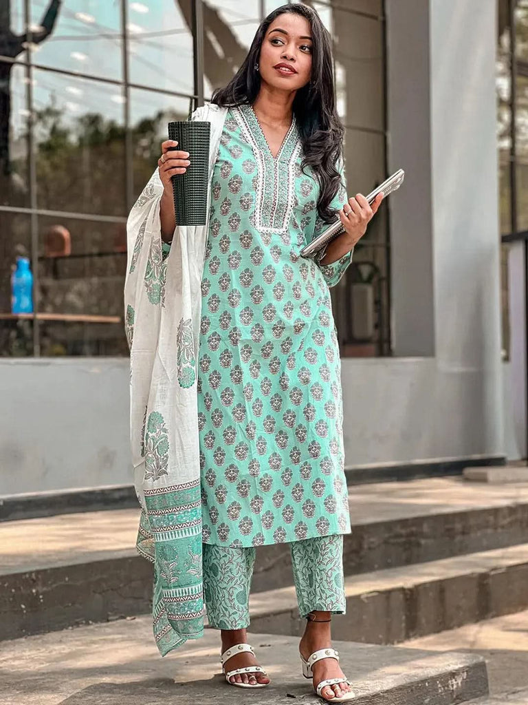 Libas Sea Green Printed Cotton Straight Kurta With Palazzos & Dupatta