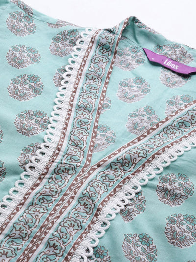 Sea Green Printed Cotton Suit Set - Libas