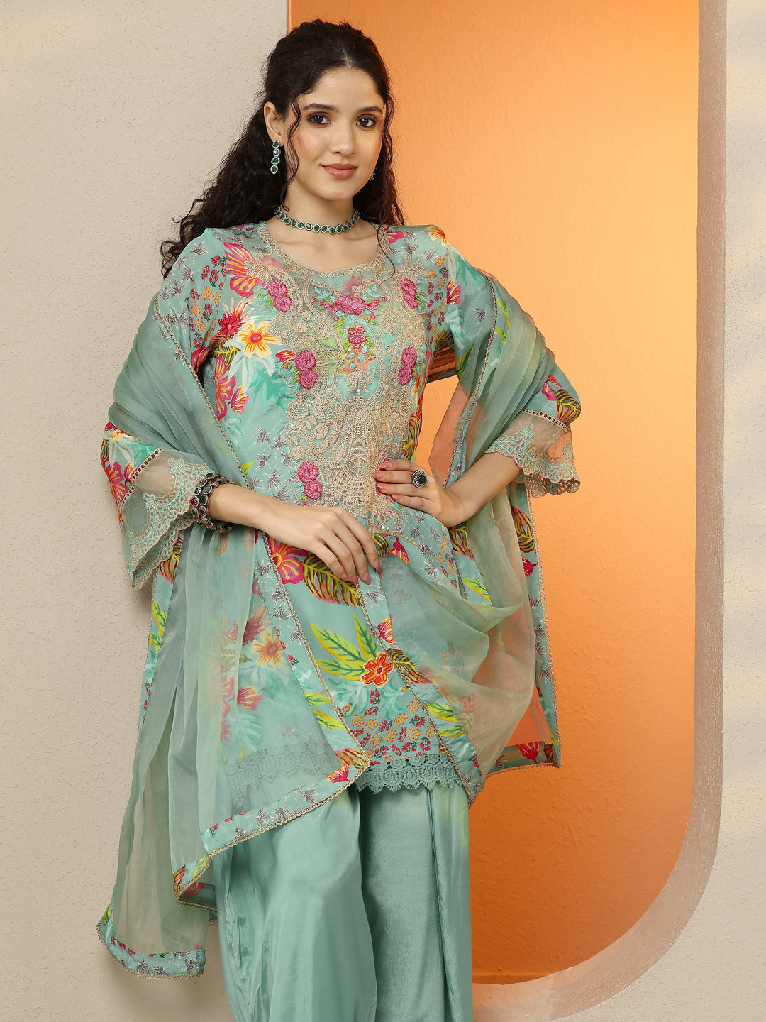 Sea Green Printed Crepe Straight Suit Set With Dupatta