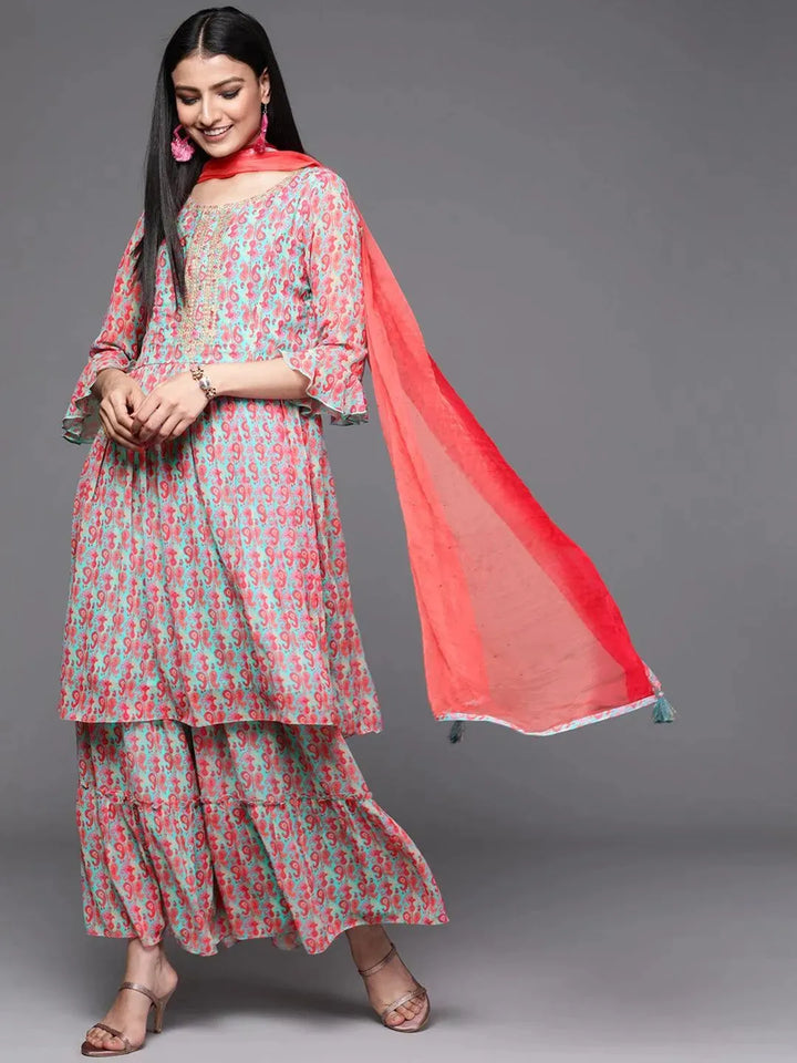 Sea Green Printed Georgette Suit Set - Libas
