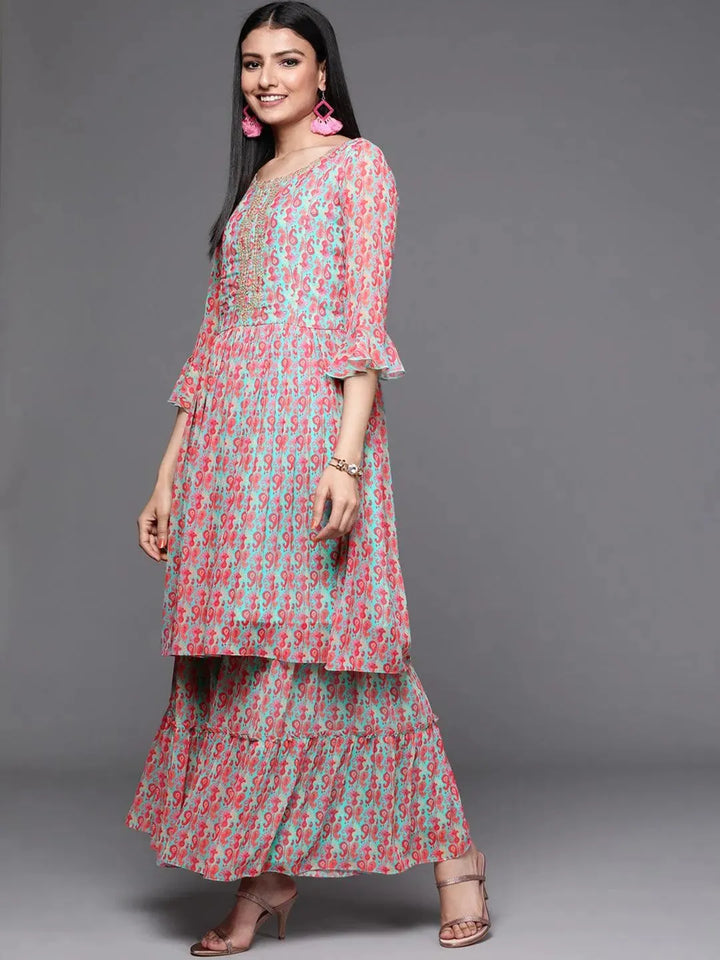 Sea Green Printed Georgette Suit Set - Libas