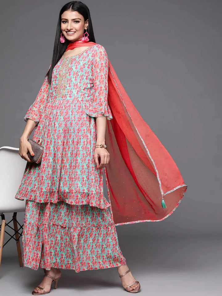 Sea Green Printed Georgette Suit Set - Libas