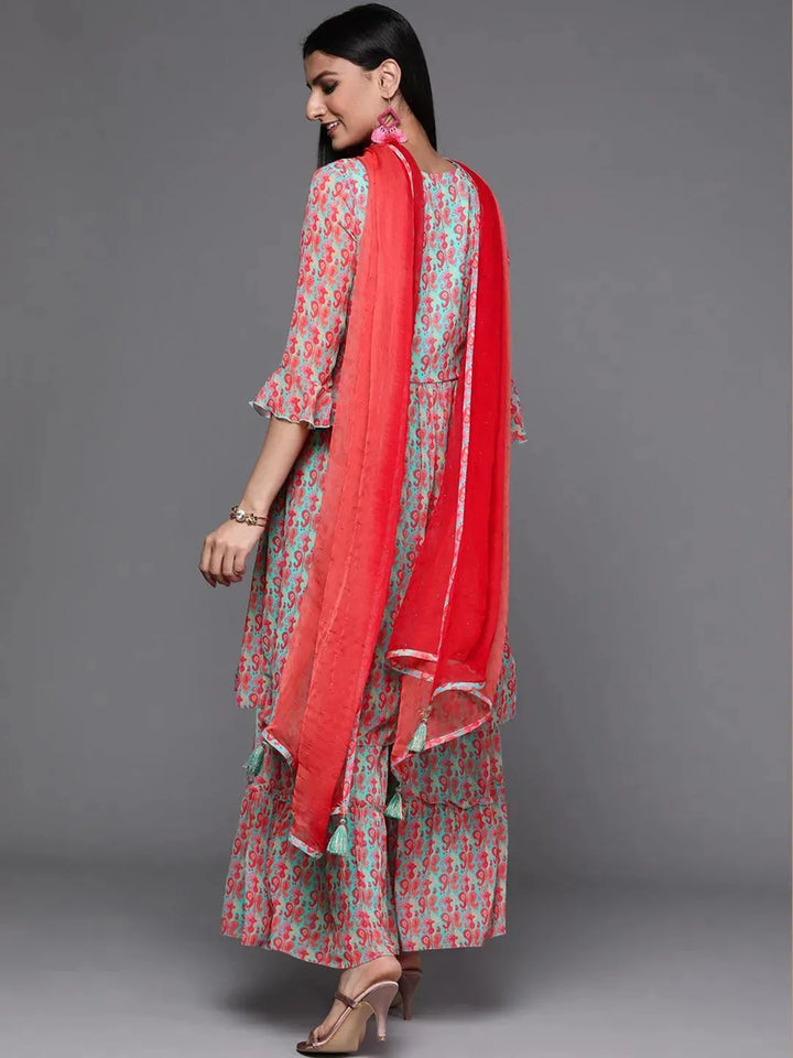 Sea Green Printed Georgette Suit Set - Libas