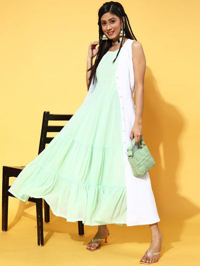 Sea Green Printed Georgette Dress - Libas