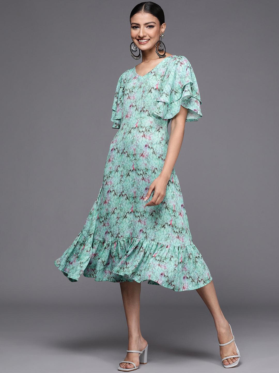 Sea Green Printed Georgette Flared Dress - Libas
