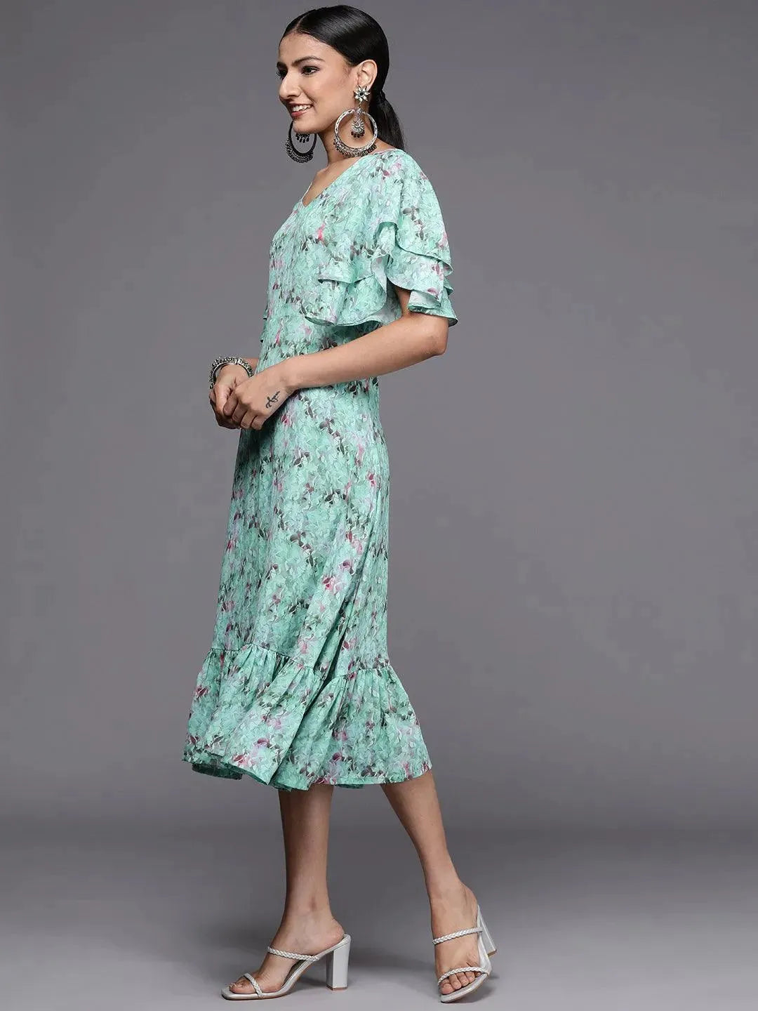 Sea Green Printed Georgette Flared Dress - Libas 