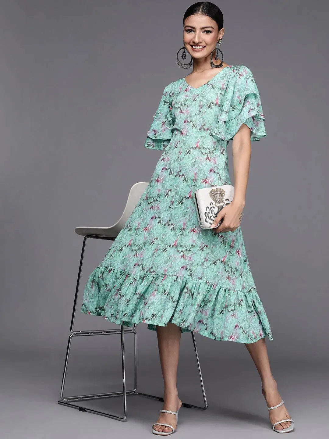 Sea Green Printed Georgette Flared Dress - Libas 