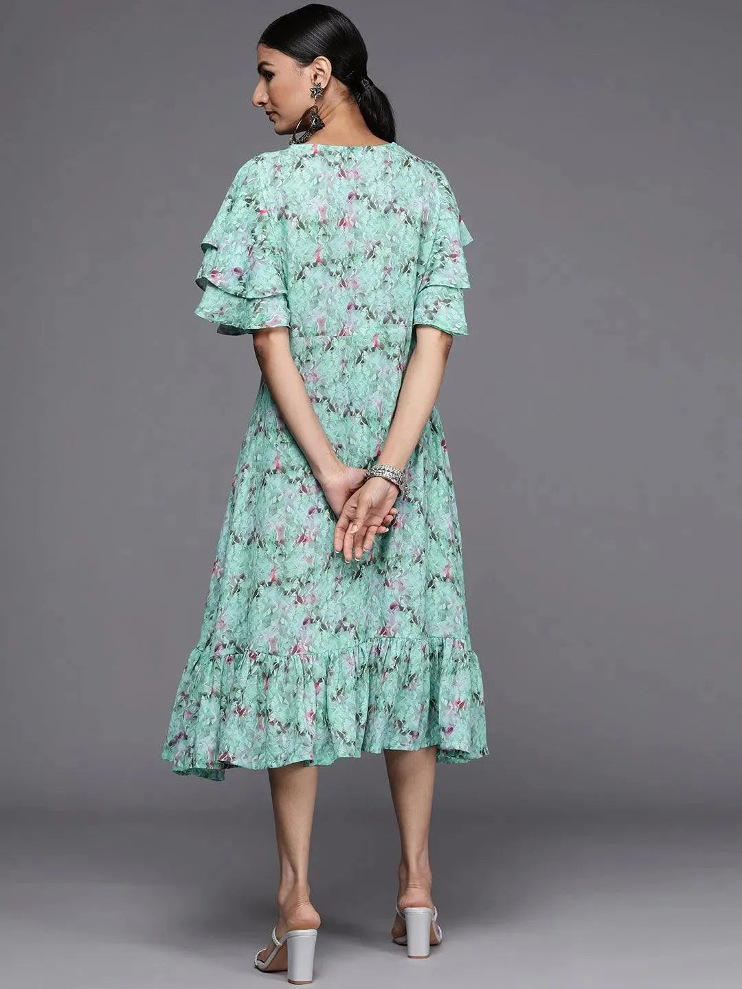 Sea Green Printed Georgette Flared Dress - Libas 