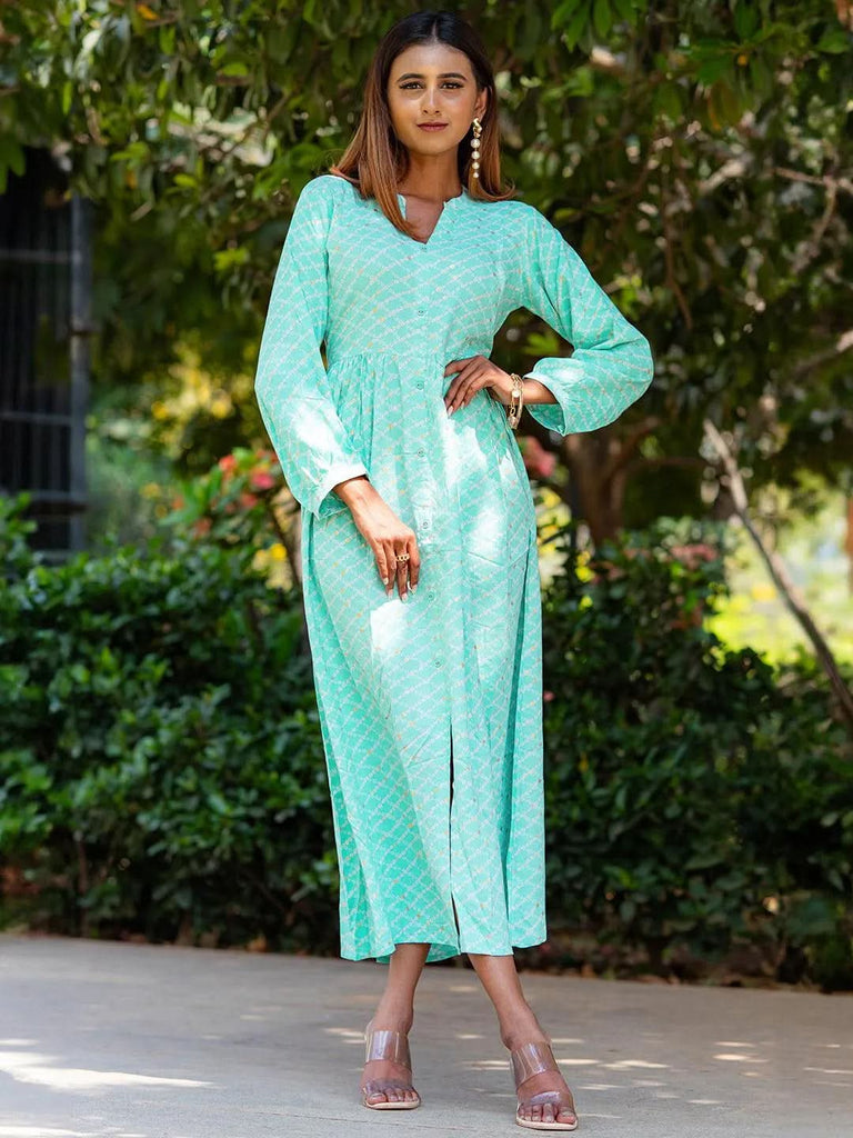 Buy Sea Green Printed Rayon Fit and Flare Dress Online at Rs.459
