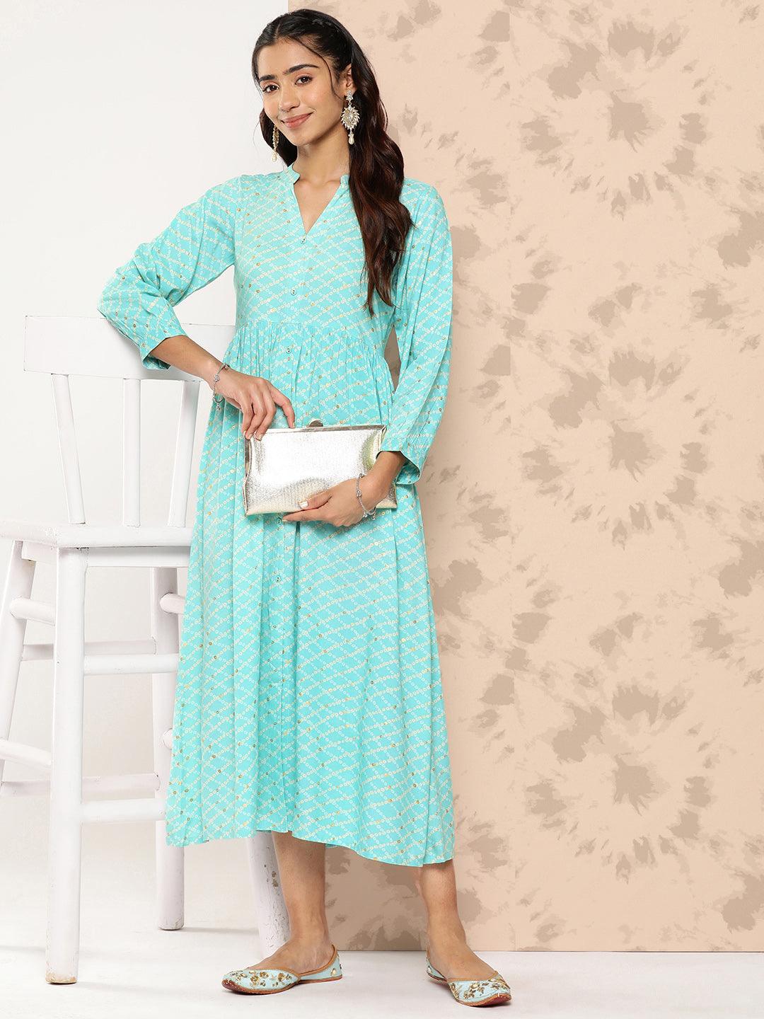 Sea Green Printed Rayon Fit and Flare Dress