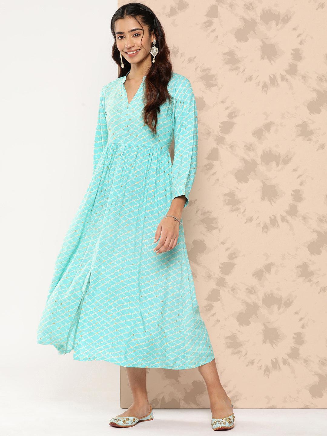 Sea Green Printed Rayon Fit and Flare Dress