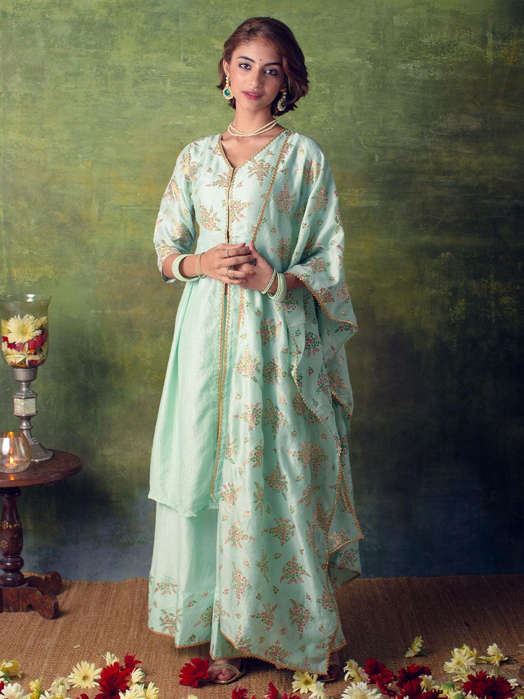 Sea Green Printed Silk Blend A-Line Kurta With Skirt & Dupatta