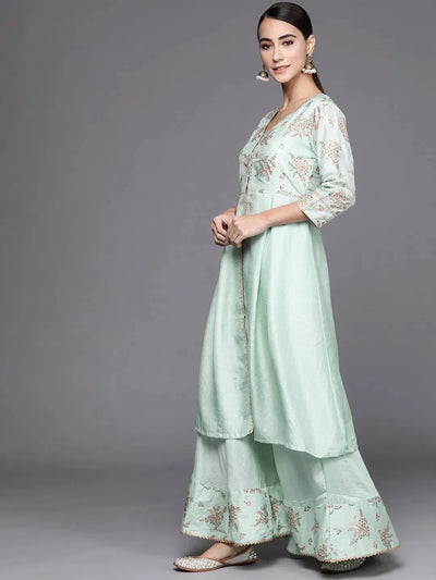 Sea Green Printed Silk Blend Suit Set - Libas