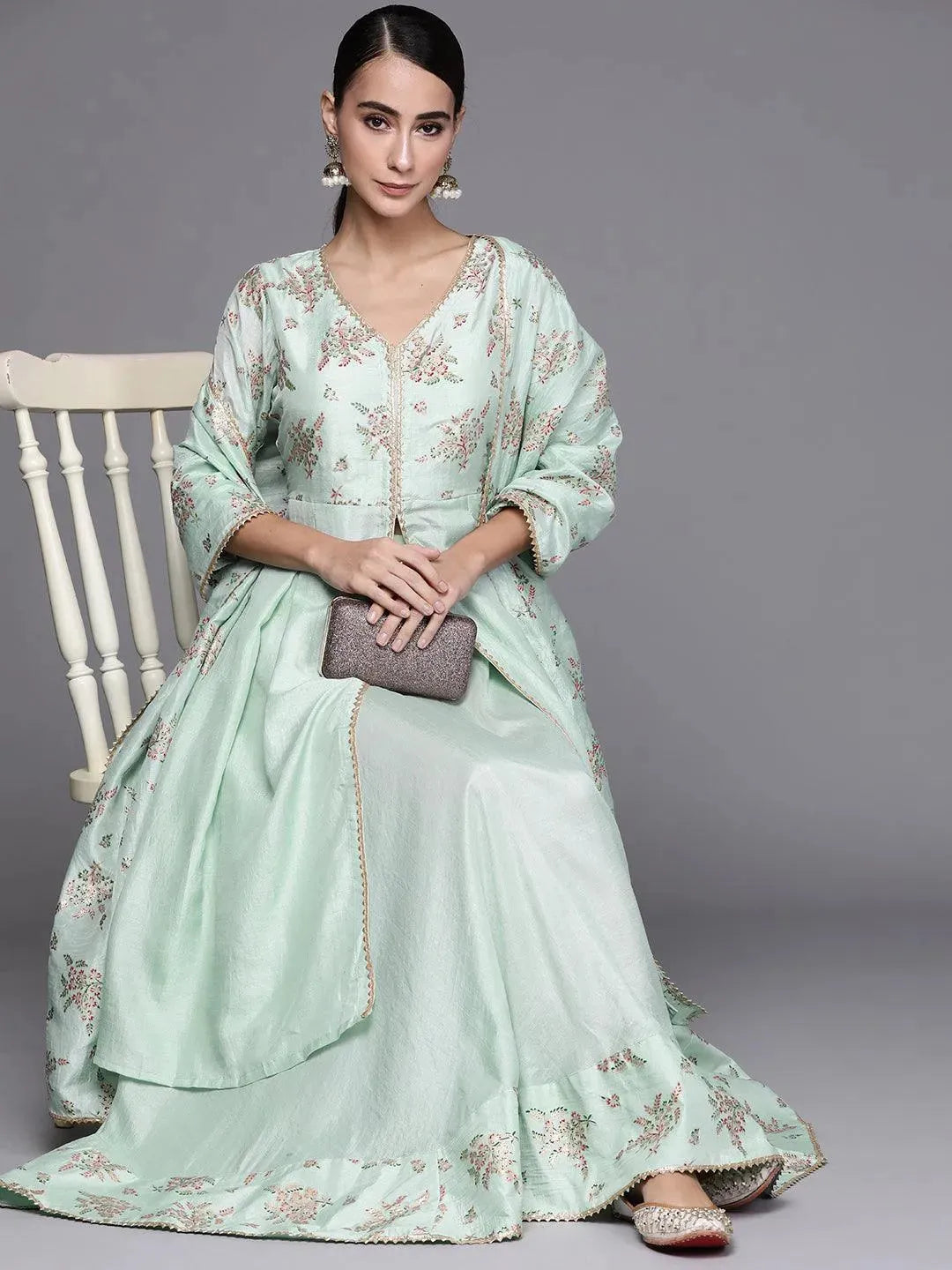 Sea Green Printed Silk Blend Suit Set - Libas