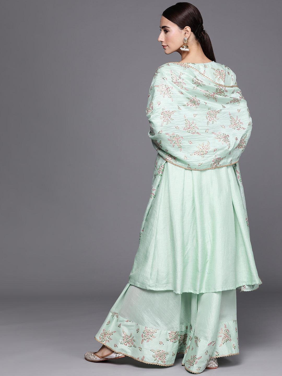 Sea Green Printed Silk Blend Suit Set - Libas