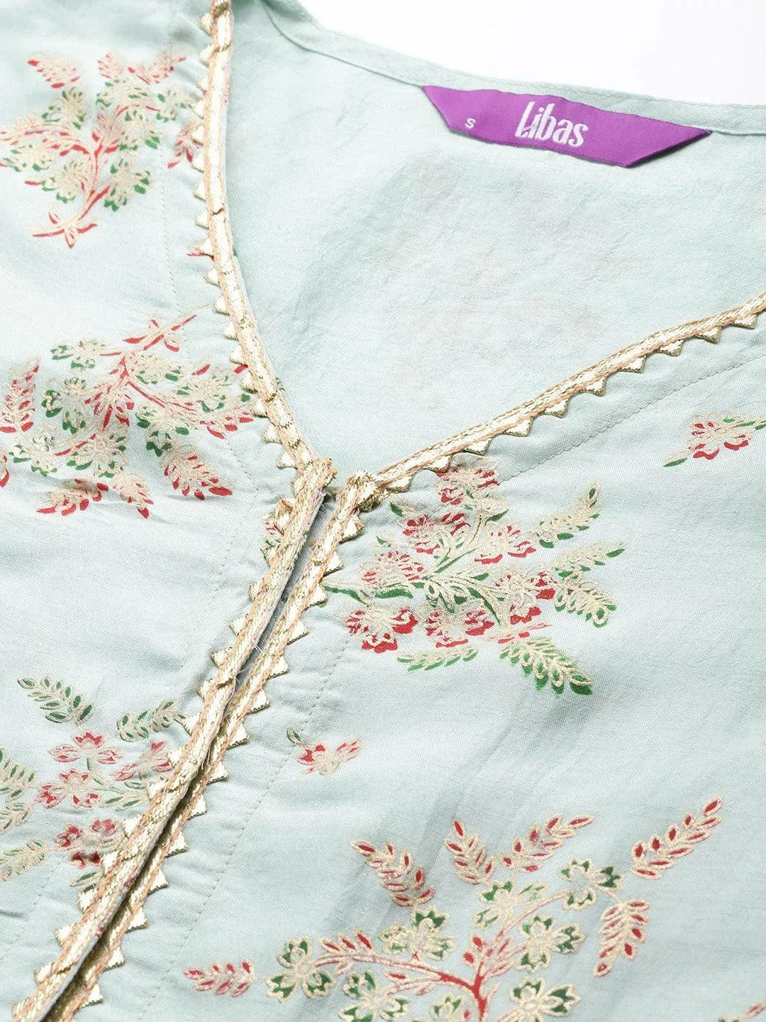 Sea Green Printed Silk Blend Suit Set - Libas 