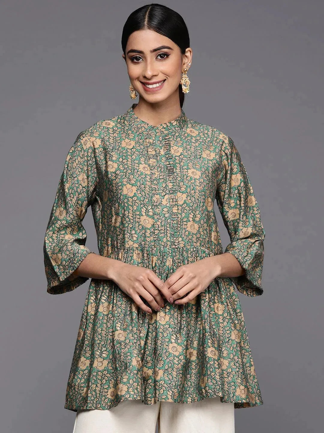 Sea Green Printed Silk Blend A-Line Kurti - Libas