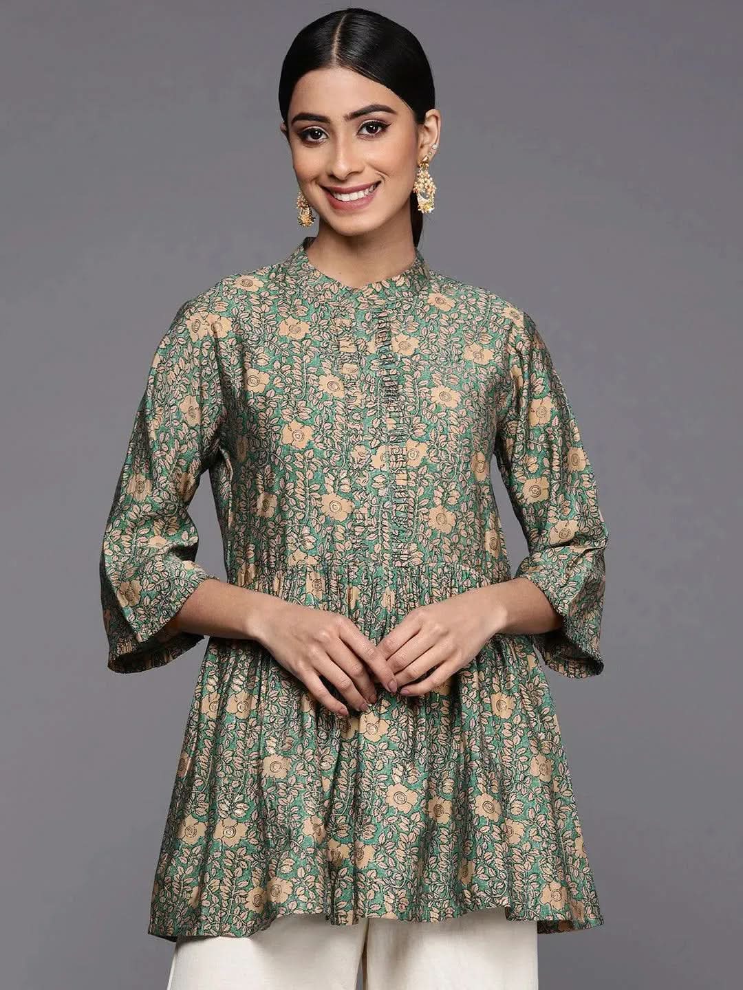 

Sea Green Printed Silk Blend A-Line Kurti