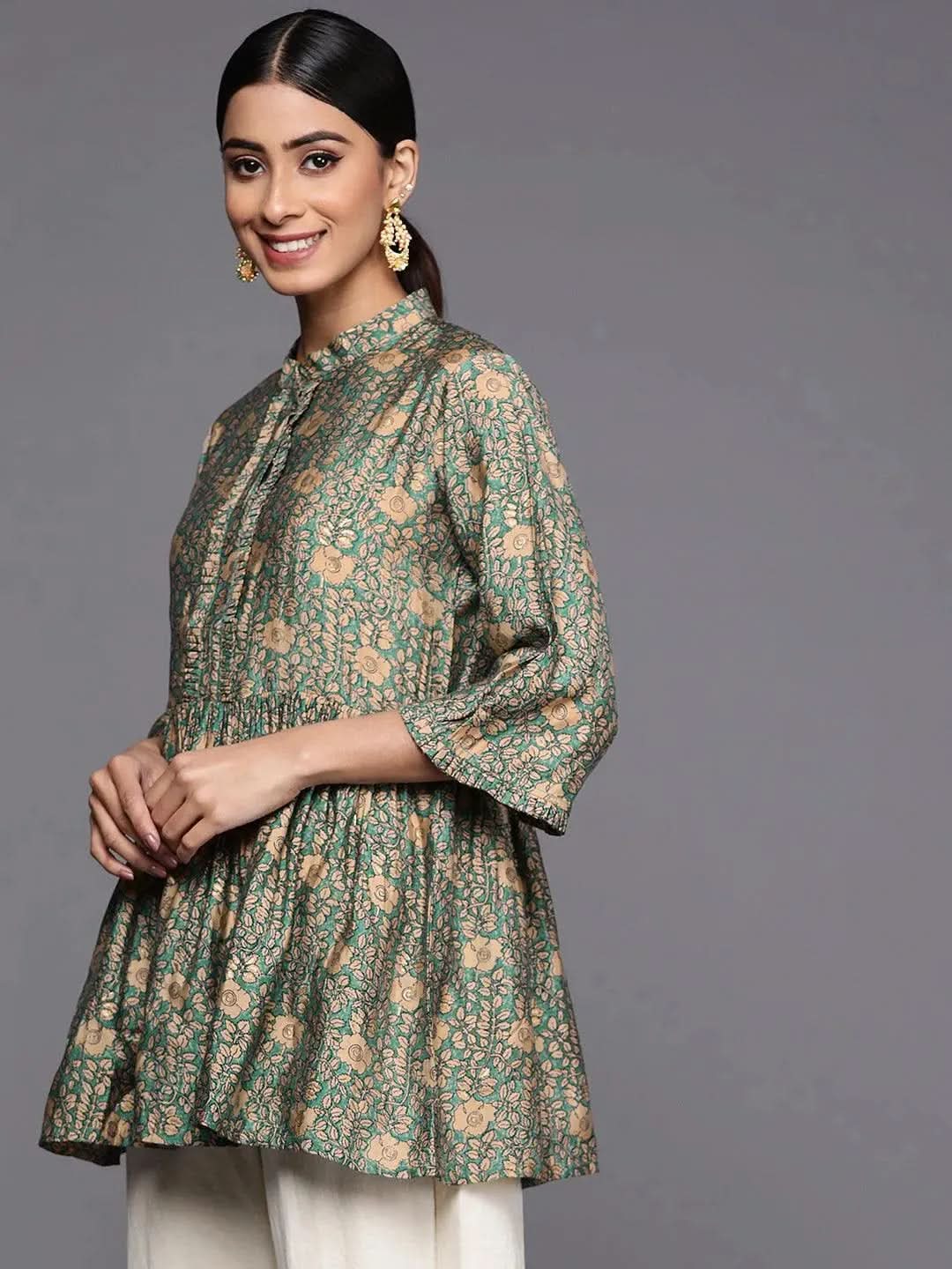 

Sea Green Printed Silk Blend A-Line Kurti