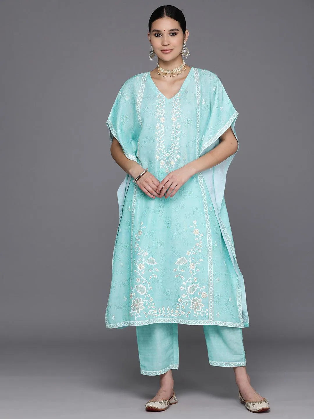 Sea Green Printed Silk Blend Kaftan Kurta Set With Trousers - Libas