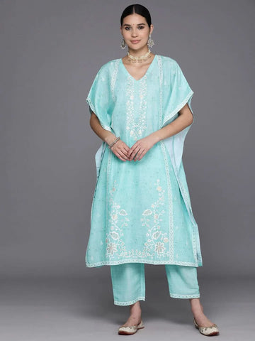 Sea Green Printed Silk Blend Kaftan With Trousers