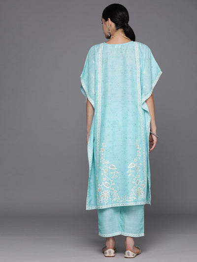 Sea Green Printed Silk Blend Kaftan Kurta Set With Trousers - Libas