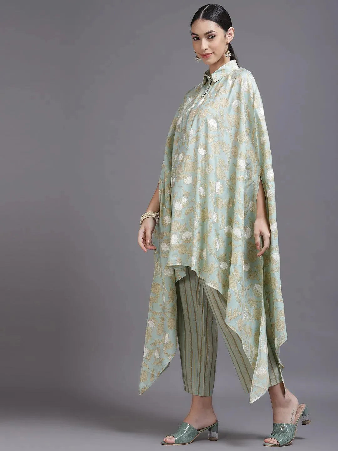 Sea Green Printed Silk Blend Kurta Set - Libas