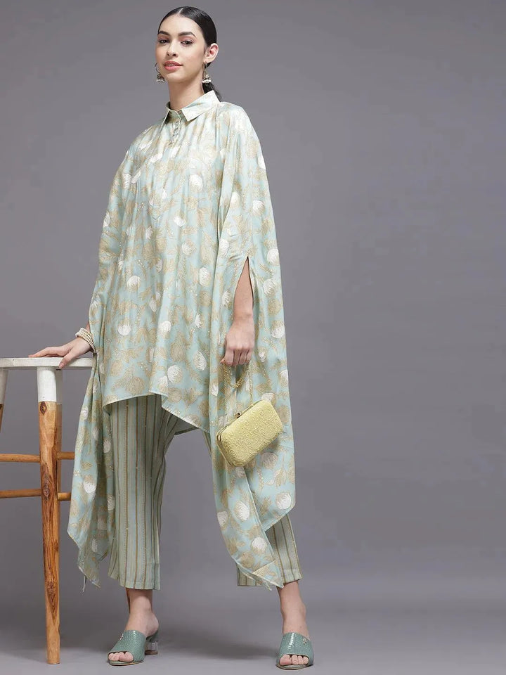 Sea Green Printed Silk Blend Kurta Set - Libas