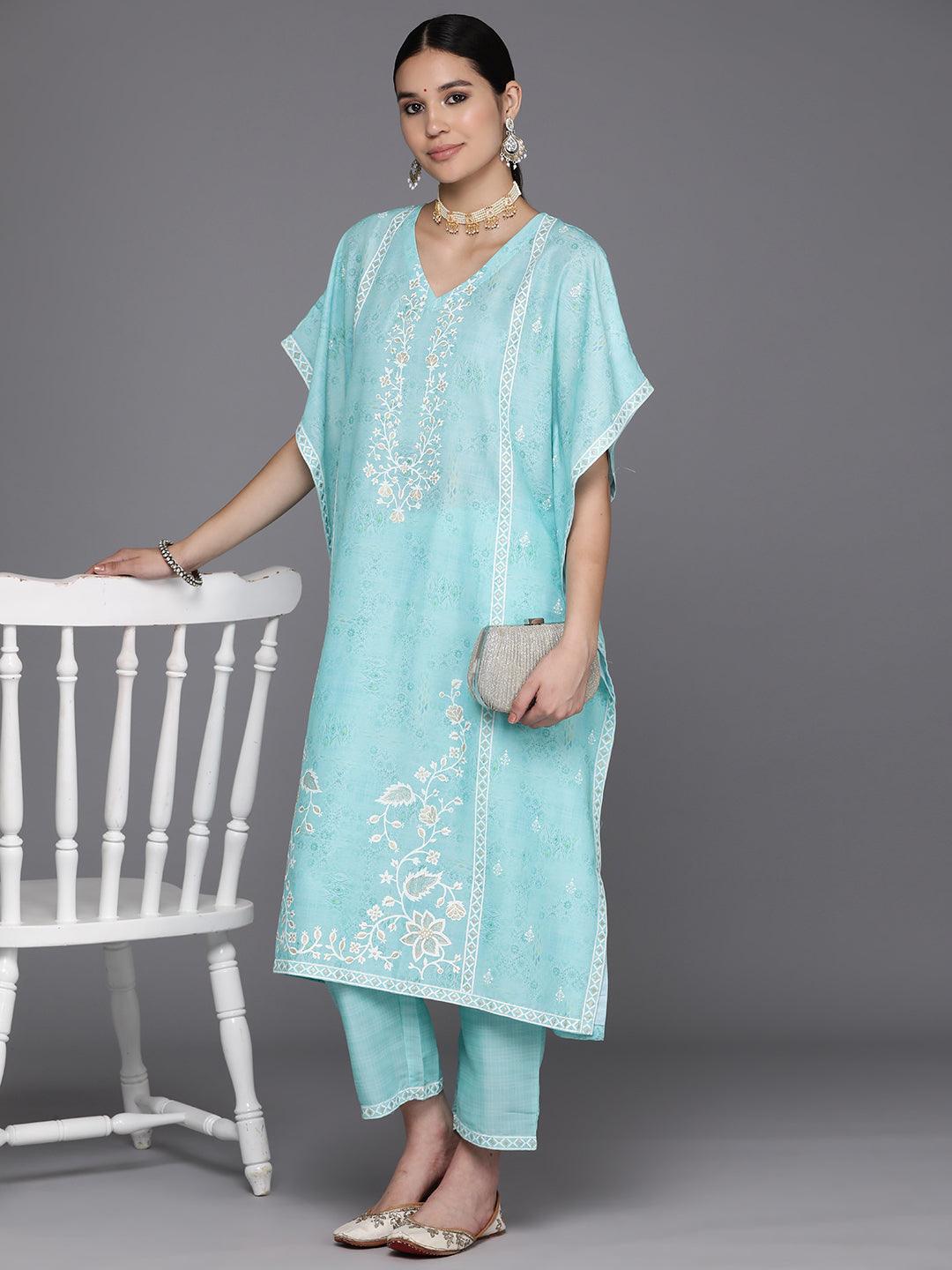 Sea Green Printed Silk Blend Kaftan Kaftan With Trousers