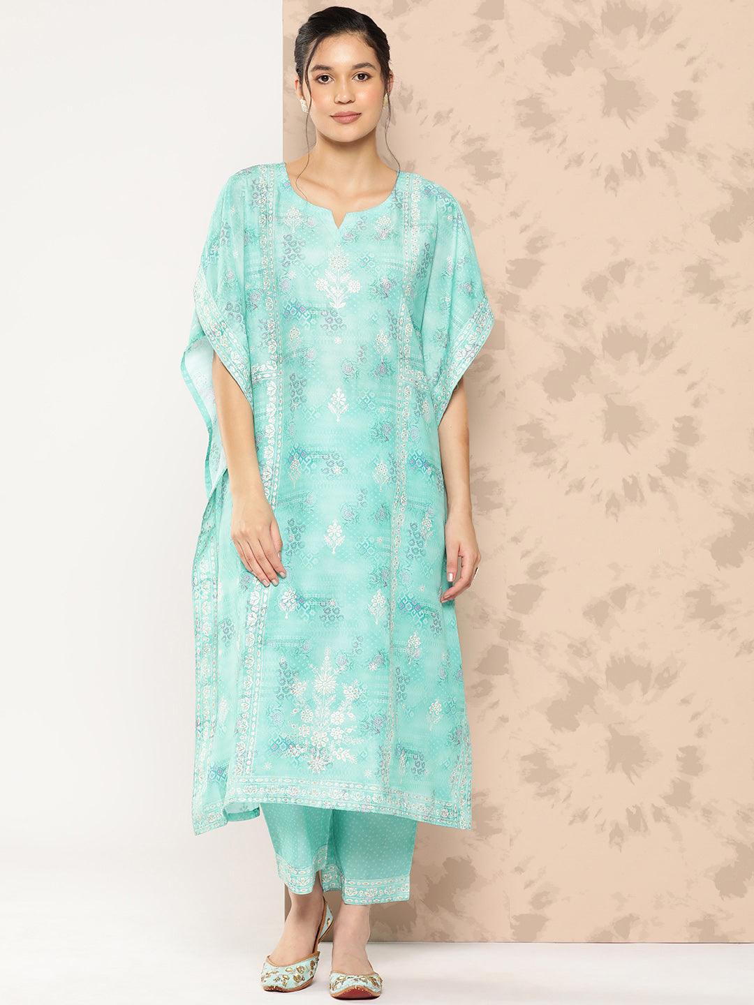 Sea Green Printed Silk Blend Kaftan Kurta With Trousers - Libas