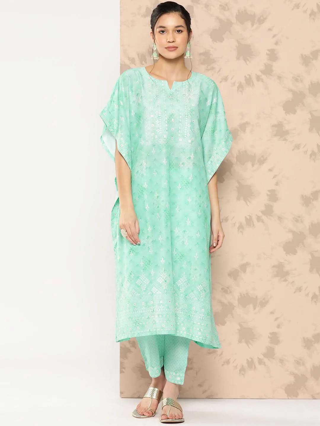 libas Sea Green Printed Silk Blend Kaftan Kurta With Trousers-picture-25