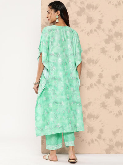 Sea Green Printed Silk Blend Kaftan Kurta With Trousers - Libas