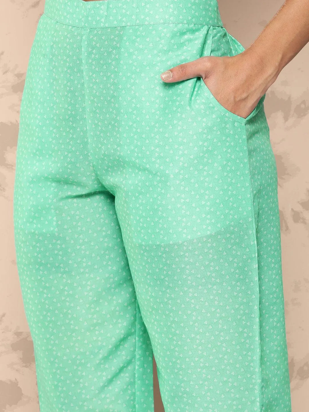 Sea Green Printed Silk Blend Kaftan Kurta With Trousers - Libas 